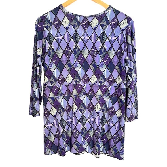 BLUE SKY Bamboo cross over neckline,purple blue diamond print blouse LARGE NWT - Picture 5 of 13